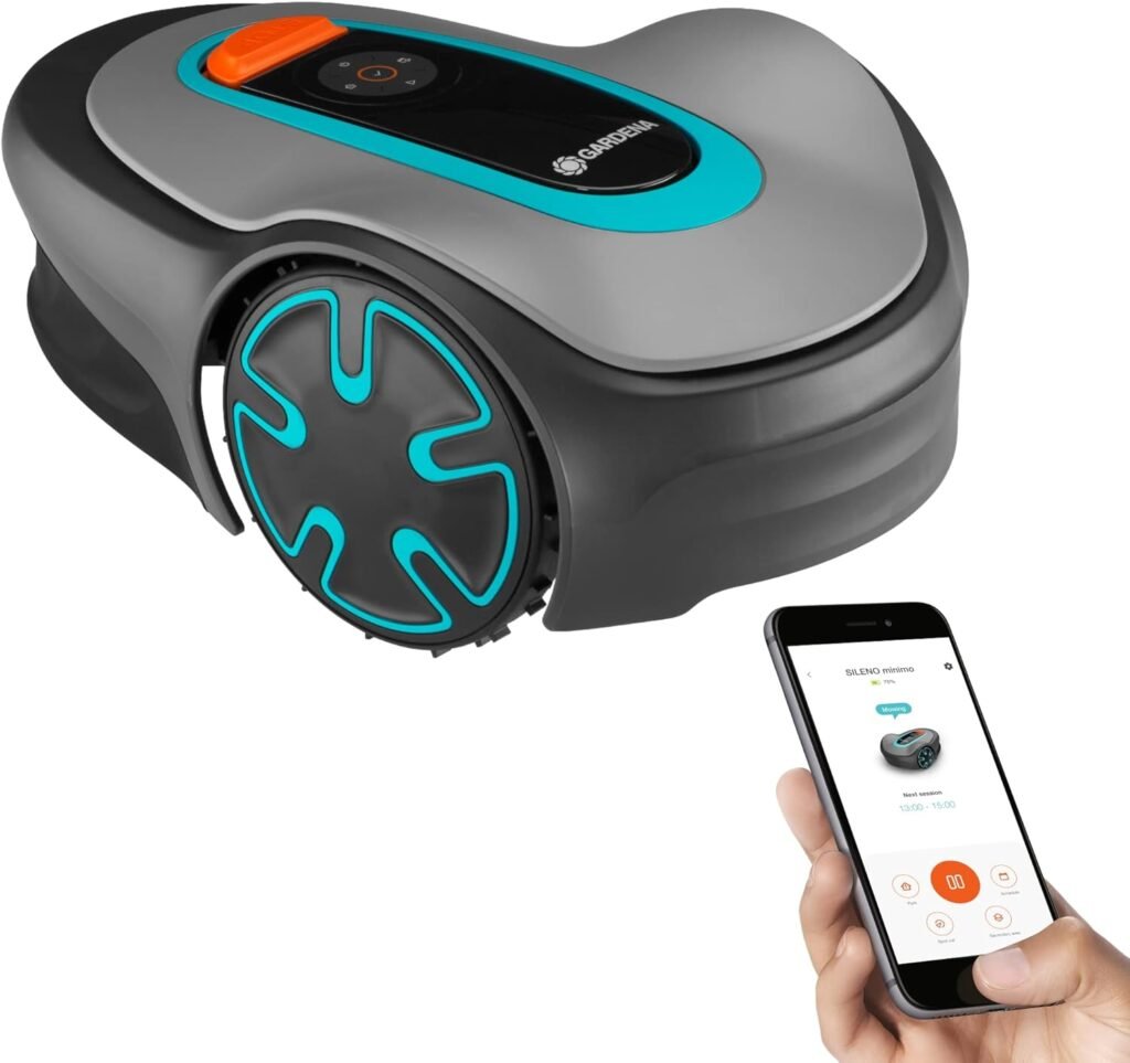 GARDENA 15201-41 SILENO Minimo - Automatic Robotic Lawn Mower, with Bluetooth app and Boundary Wire, one of The quietest in its Class, for lawns up to 2700 Sq Ft, Made in Europe, Grey