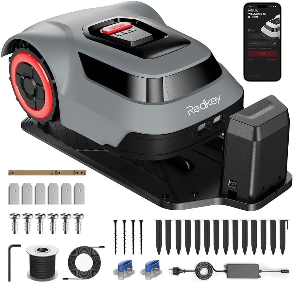 Redkey MGC1000 Robot Lawn Mower with 590ft Boundary Wires for 0.25 Acre (1/4 Acre), 45% Slope, 70Mins Runtime, Auto Recharge, Automatic Robotic Lawn Mower w/Precise Location  Breakpoint Detection