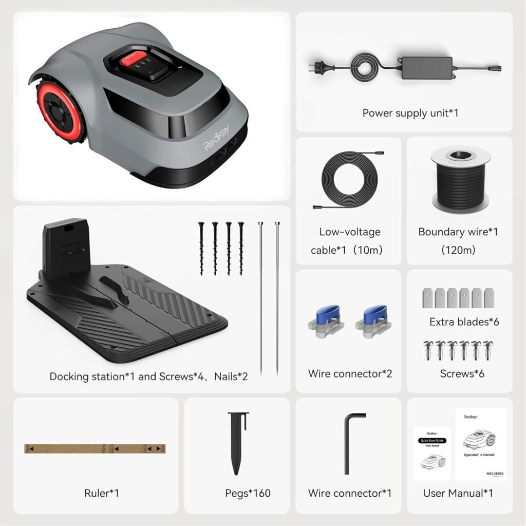 Redkey MGC500 Robot Lawn Mower with 393ft Boundary Wires for 0.12 Acre (1/8 Acre), 45% Slope, 70Mins Runtime, Auto Recharge, Automatic Robotic Lawn Mower w/Precise Location Breakpoint Detection Redkey MGC500 Robot Lawn Mower with 393ft Boundary Wires for 0.12 Acre (1/8 Acre), 45% Slope, 70Mins Runtime, Auto Recharge, Automatic Robotic Lawn Mower w/Precise Location Breakpoint Detection