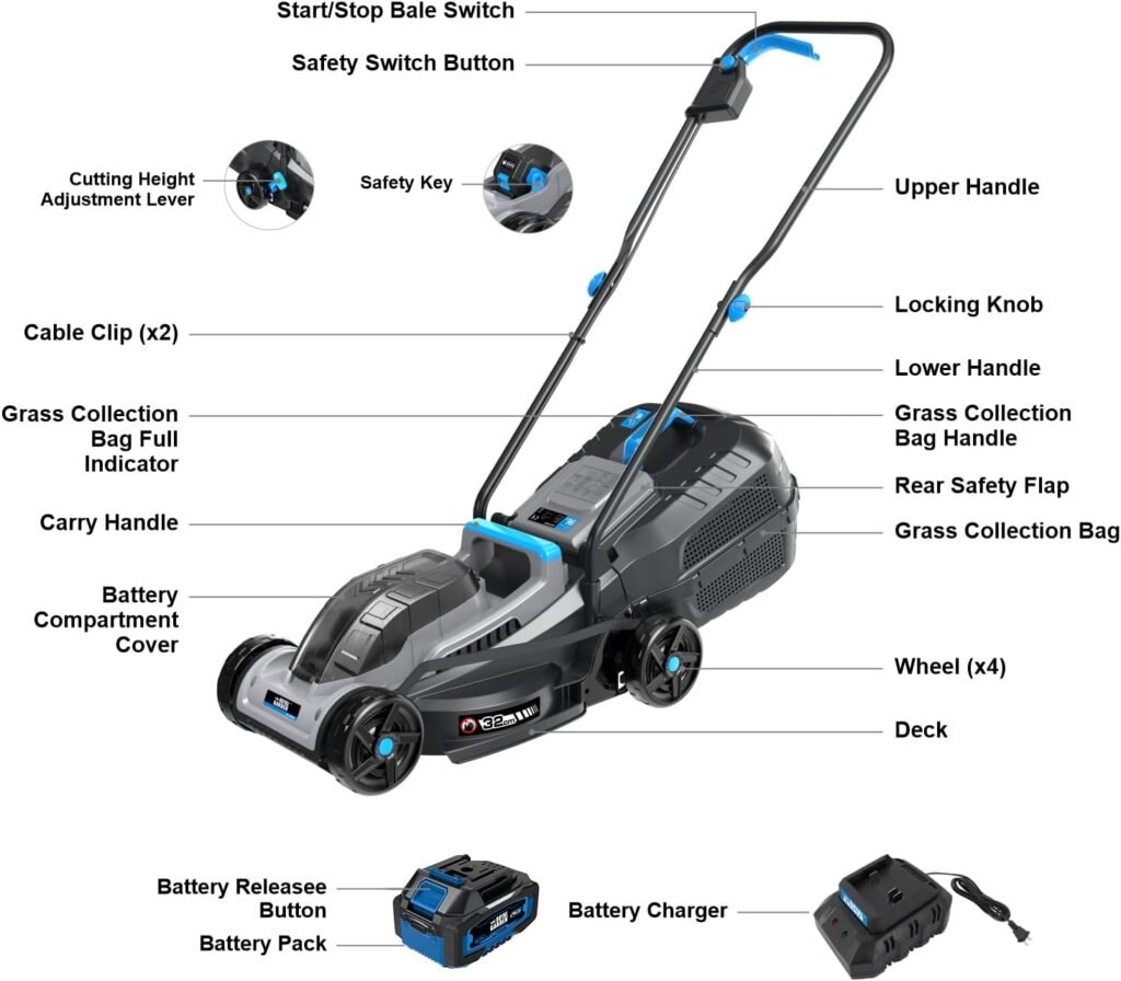 ROYAL GARDEN 13 Inch Lawn Mower Cordless Electric Walk Behind Push Mower with 5-Height Adjust Portable  Lightweight Push Battery Powered Lawn Mower (4.0AH Battery  Charger Included)