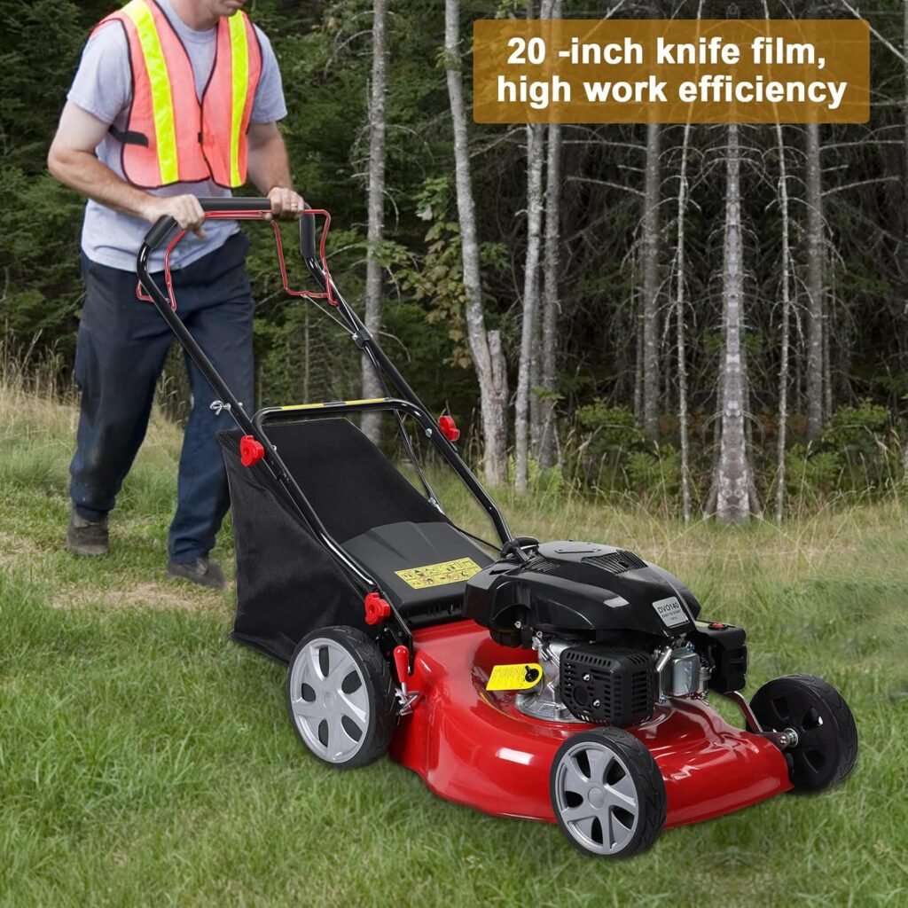 Self Propelled Gas Lawn Mower, 141cc Push Mower Gas Powered, 20 Blade, 4-Stroke Engine, Big Wheels, 50L Bag, Foldable Handle
