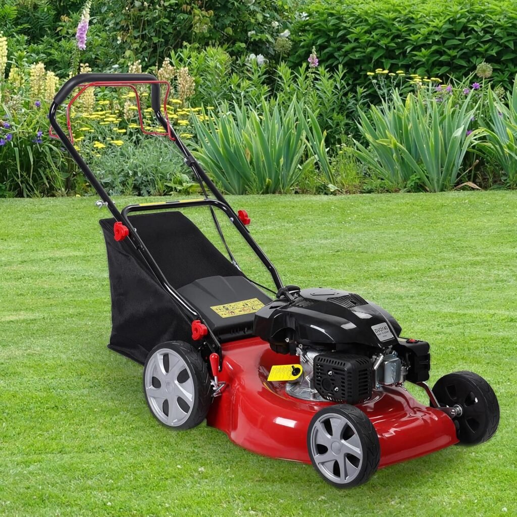 Self Propelled Gas Lawn Mower, 141cc Push Mower Gas Powered, 20 Blade, 4-Stroke Engine, Big Wheels, 50L Bag, Foldable Handle