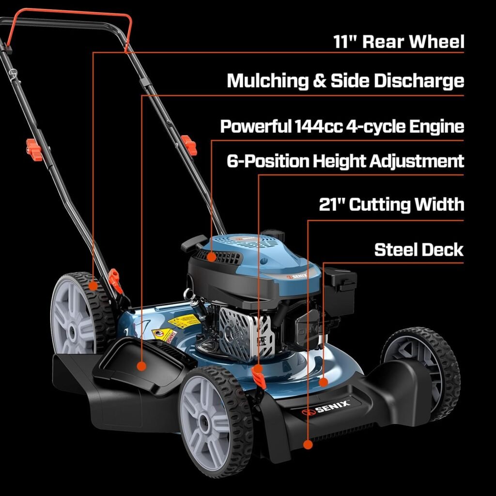 SENIX 144 cc Gas Lawn Mower, 21 inch 2-in-1 Push with Mulching and Side Discharge, 4-Cycle Engine, 6 Position Cutting Height Adjustment for Yard and Garden