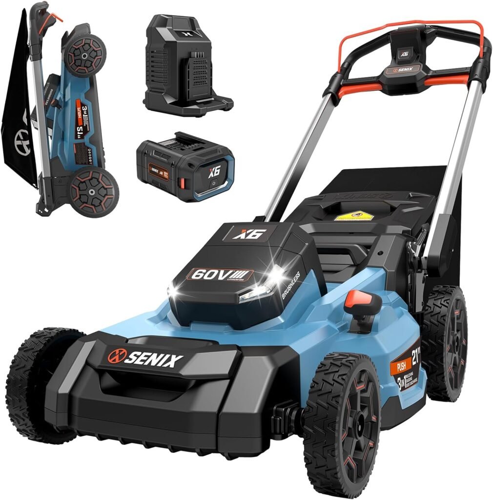 SENIX X6 60 Volt Max* 21-Inch 3-in-1 Cordless Push Lawn Mower, with Bagging, Mulching, and Side Discharge, Height Adjustment, Smart Display, 6Ah Lithium-ion Battery  Charger Included (LPPX6-H)