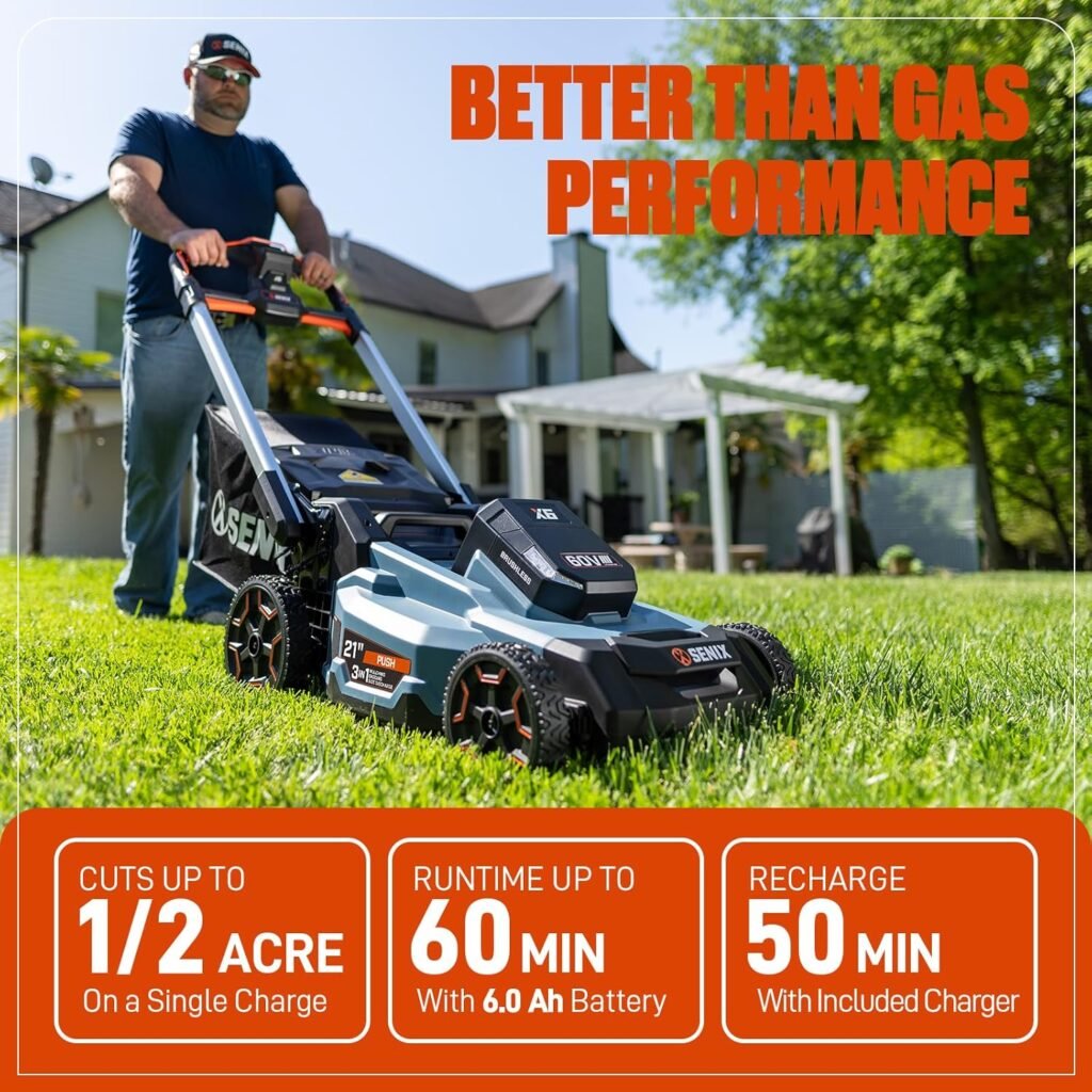 SENIX X6 60 Volt Max* 21-Inch 3-in-1 Cordless Push Lawn Mower, with Bagging, Mulching, and Side Discharge, Height Adjustment, Smart Display, 6Ah Lithium-ion Battery  Charger Included (LPPX6-H)