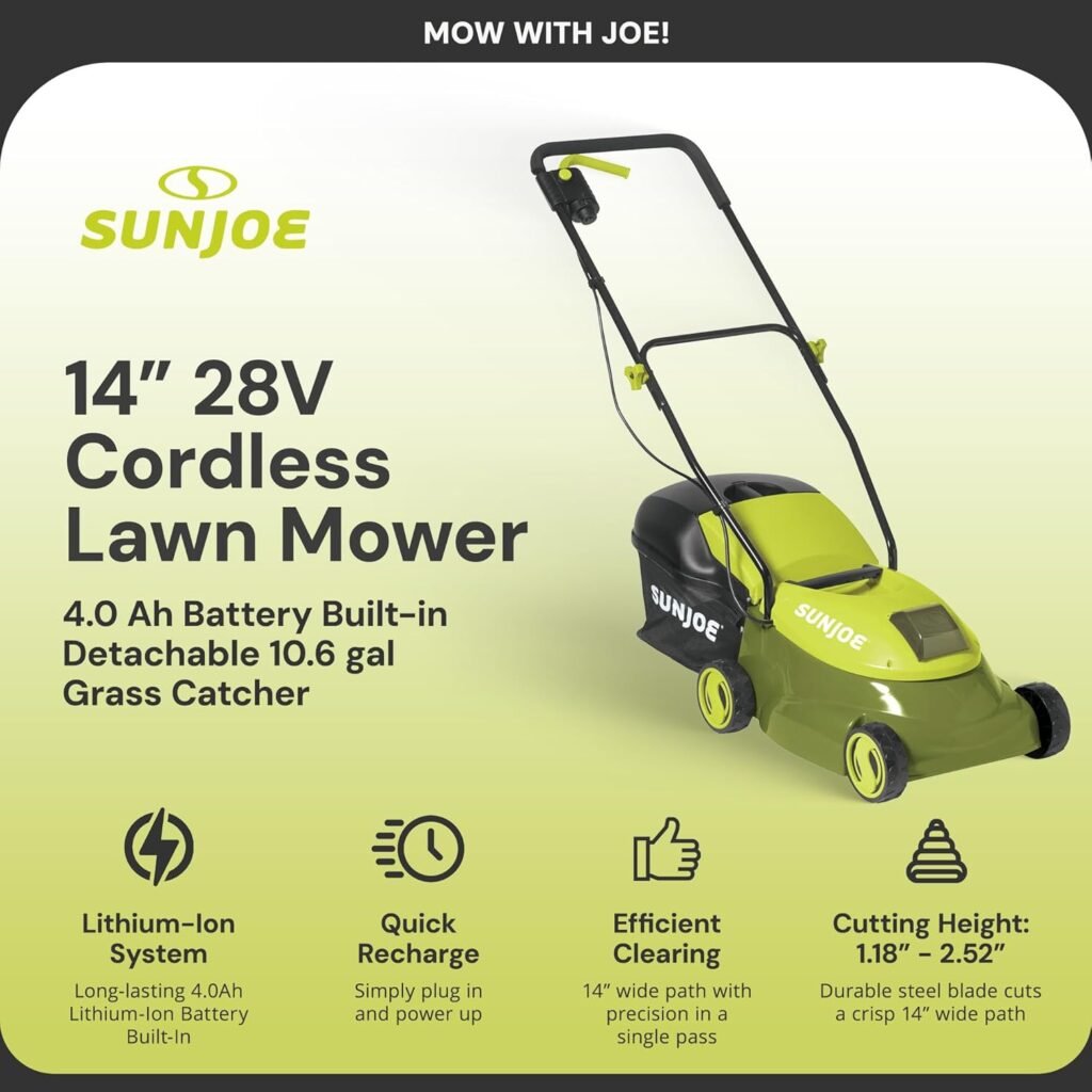 Sun Joe Cordless Electric Push Lawn Mower with 10.6-Gal Bag, 14-Inch Cutting Width, Green - Heavy-Duty Yard Trimmer Machine for Gardening Care and Maintenance, MJ401C-PRO