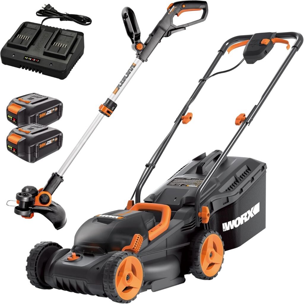 WORX 14 Cordless Lawn Mower, 2 in 1 Electric Mower Cuts Quietly, Compact  Lightweight Push Lawn Mower with 6-Position Height Adjustment for Small Yards, 2 Batteries  Charger Included, WG779