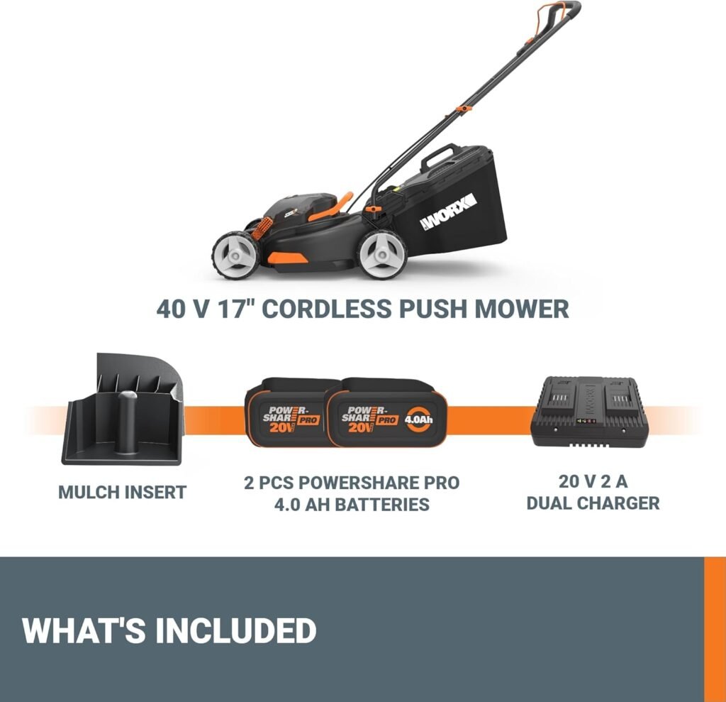 WORX 17 Cordless Lawn Mower, 2 in 1 Electric Mower Cuts Quietly, Compact  Lightweight Push Lawn Mower with 7-Position Height Adjustment for Small Yards, 2 Batteries  Charger Included, WG743