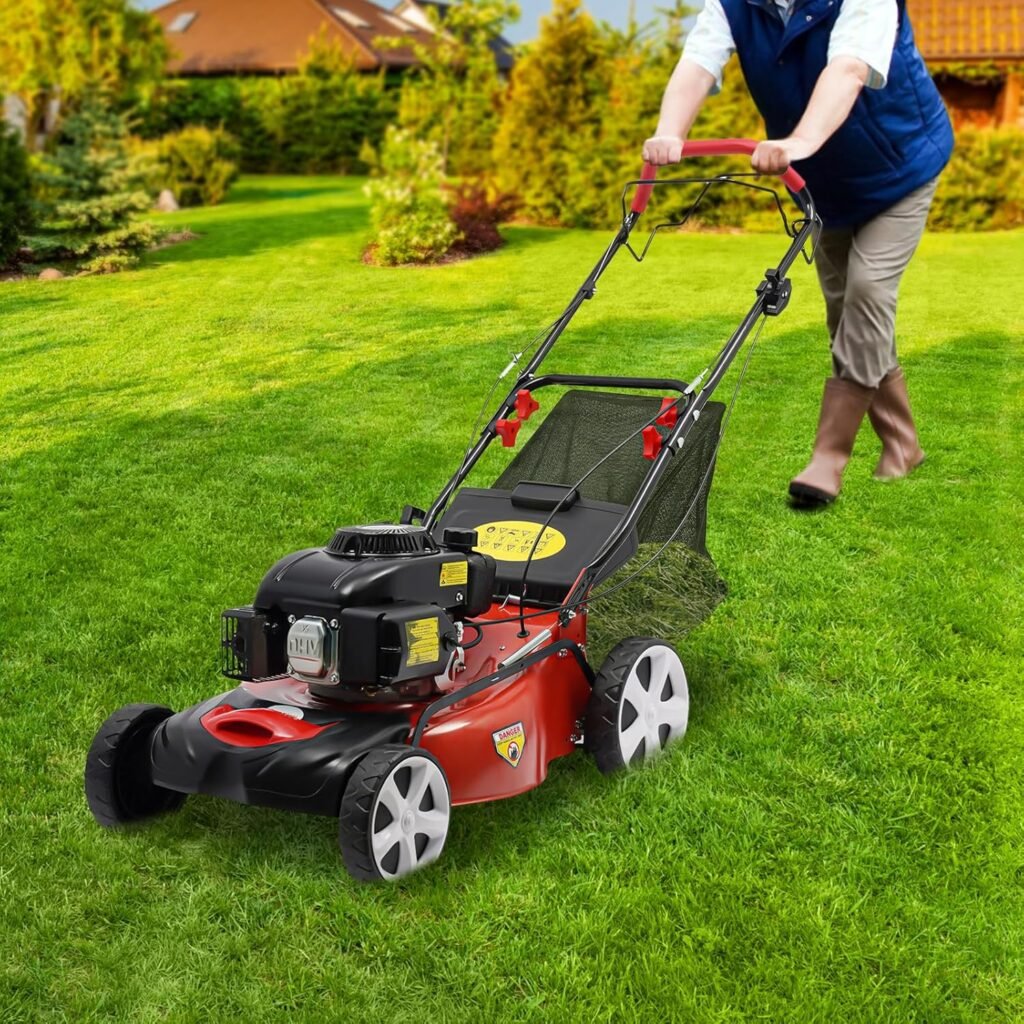 20-inch Gas self-propelled Mower, 140cc Gas Push Mower, 4-Stroke Single-Cylinder Engine, 8 Adjustable Heights, with Bagger.