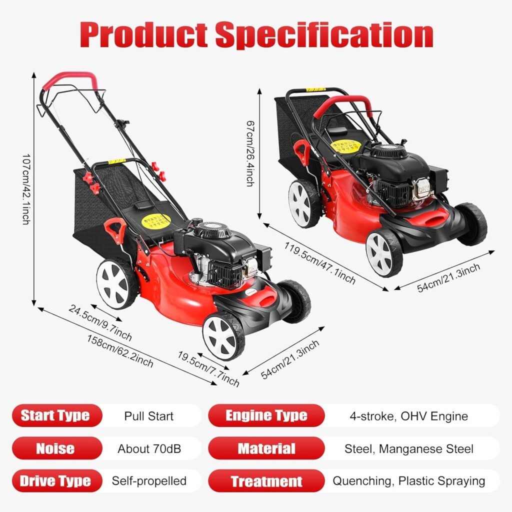 20-inch Gas self-propelled Mower, 140cc Gas Push Mower, 4-Stroke Single-Cylinder Engine, 8 Adjustable Heights, with Bagger.