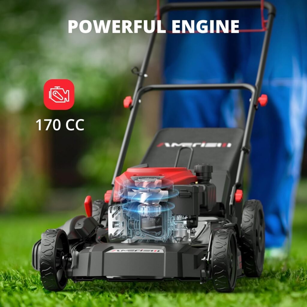 21 Gas Lawn Mower, Self-propelled Lawn Mower 3-in-1, 170cc OHV Engine with Forced Air Cooling, 6 Cutting Heights, 1.4-Bushel Grass Catcher