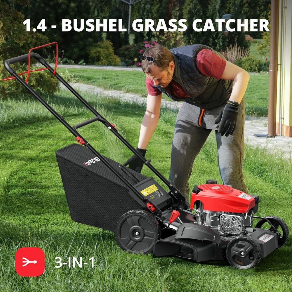 21-Inch Gas Lawn Mower Self Propelled with 170cc OHV Engine, 3-in-1 Cutting System, 6-Level Height Adjustment, 1.4-Bushel Grass Catcher, Foldable Handle for Easy Storage