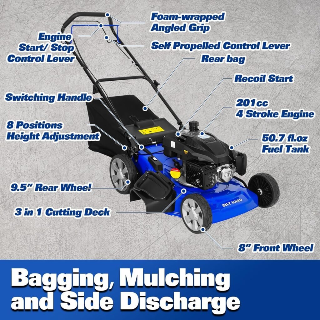 BILT HARD 21 Inch Self Propelled Lawn Mower, 3-in-1 Gas Lawnmower with 201cc 4-Cycle Engine, Bagging, Mulching and Side Discharge, Adjustable 8-Positions Cutting Height, Easy Start