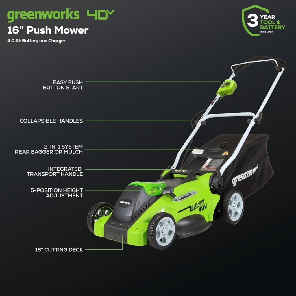 Greenworks 40V 16 Cordless Lawn Mower, Ultra-Light Push Mower with 4.0Ah Battery  Charger(75+ Tool Compatibility, 45Min Runtime)