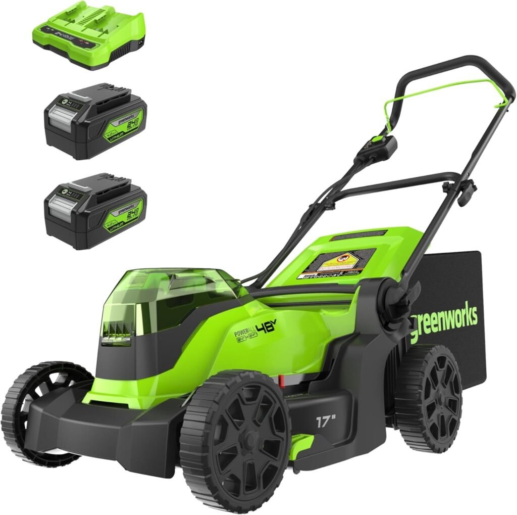Greenworks 48V (24V x 2) 17 Brushless Cordless Push Lawn Mower, Includes (2) 4.0Ah Batteries and Dual Port Rapid Charger((200+ Compatible Tools, 45Min Runtime)