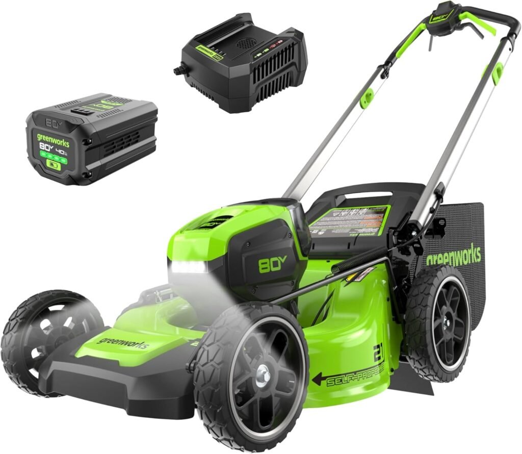 Greenworks 80V 21 Self-Propelled Cordless Lawn Mower – Brushless Motor, LED Lights, 4.0Ah Battery  Rapid Charger (75+ Compatible Tools)