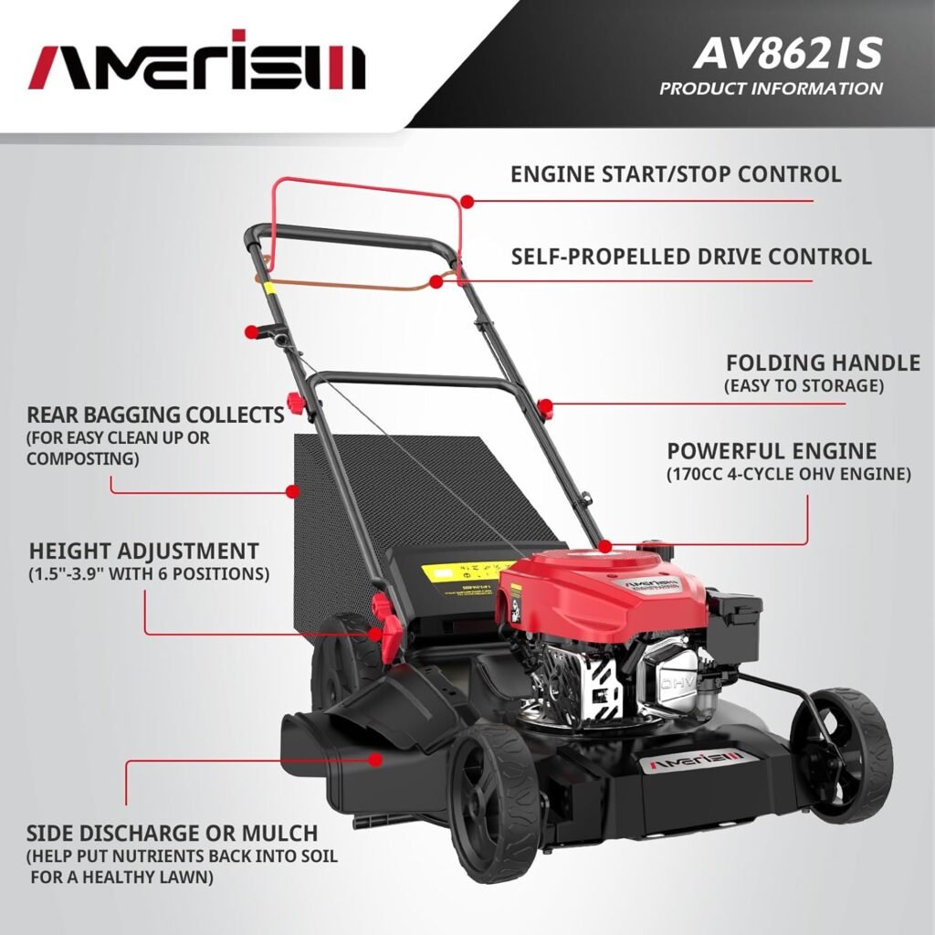 Self Propelled Gas Lawn Mower, 21 with 170cc 4-Cycle OHV Engine 3-in-1 RWD Self-Propelled Lawn Mower (AV8621S1)