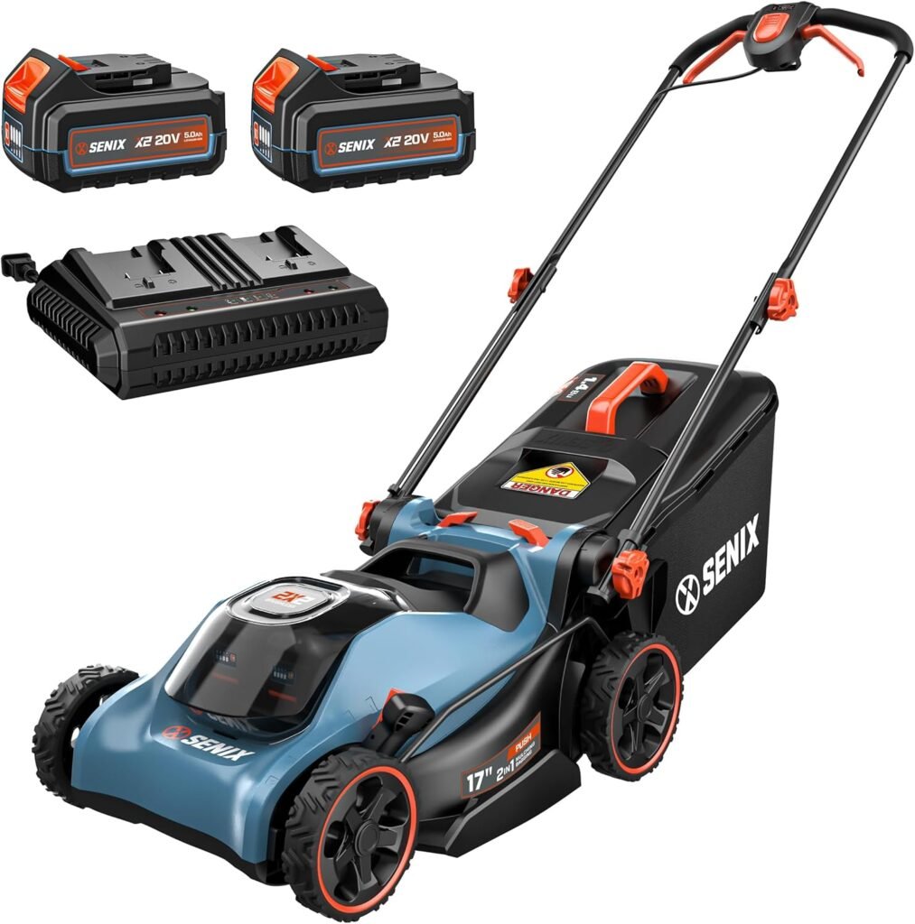 SENIX 40V 17 Electric Lawn Mower, Battery Powered Cordless Lawnmower, 2-in-1 Brushless Walk-Behind Push Mowers, 6 Heights Adjustment, cortadora de pasto, Includes 2x5Ah Batteries  Charger, LPPX2-M5