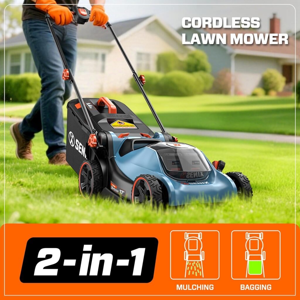 SENIX 40V 17 Electric Lawn Mower, Battery Powered Cordless Lawnmower, 2-in-1 Brushless Walk-Behind Push Mowers, 6 Heights Adjustment, cortadora de pasto, Includes 2x5Ah Batteries  Charger, LPPX2-M5