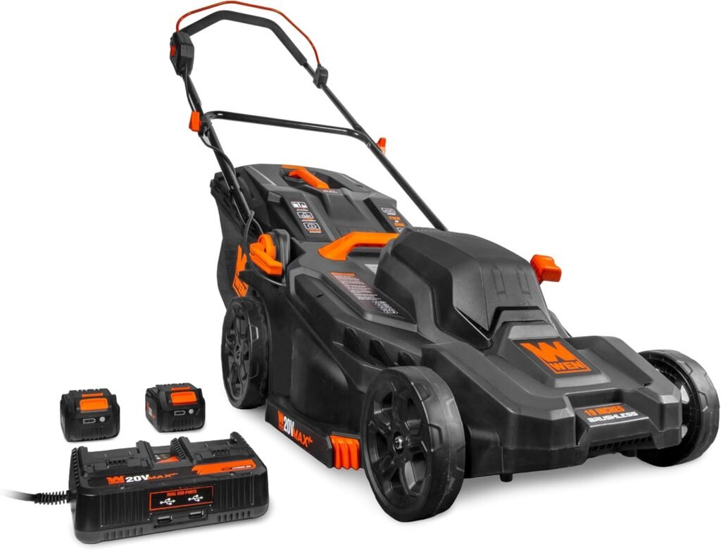 WEN 20V Max 2-in-1 19-Inch Cordless Brushless Lawn Mower and Mulcher with Two 5Ah Batteries and Dual Port Charger (20839)