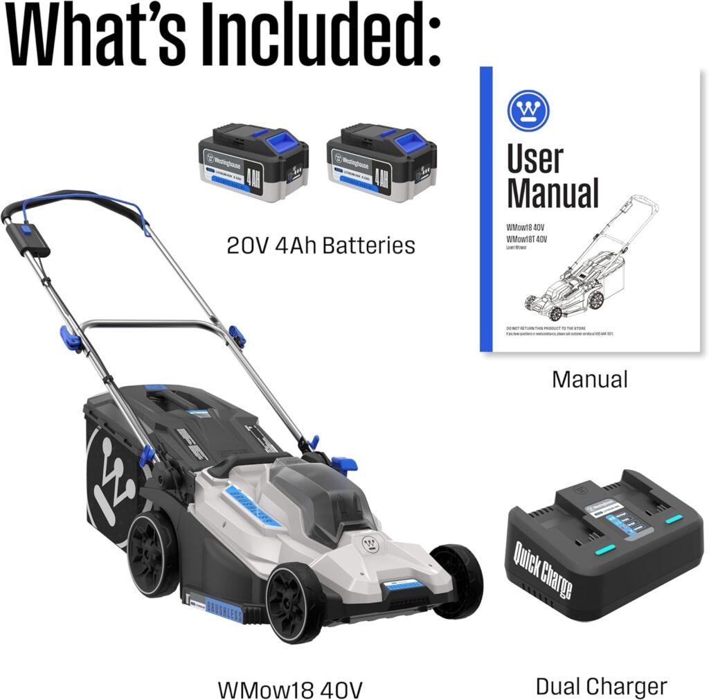 Westinghouse 40V 18 Inch Brushless Cordless (Push) Lawn Mower, 6 Height Positions, 2 4.0Ah Batteries and Charger Included