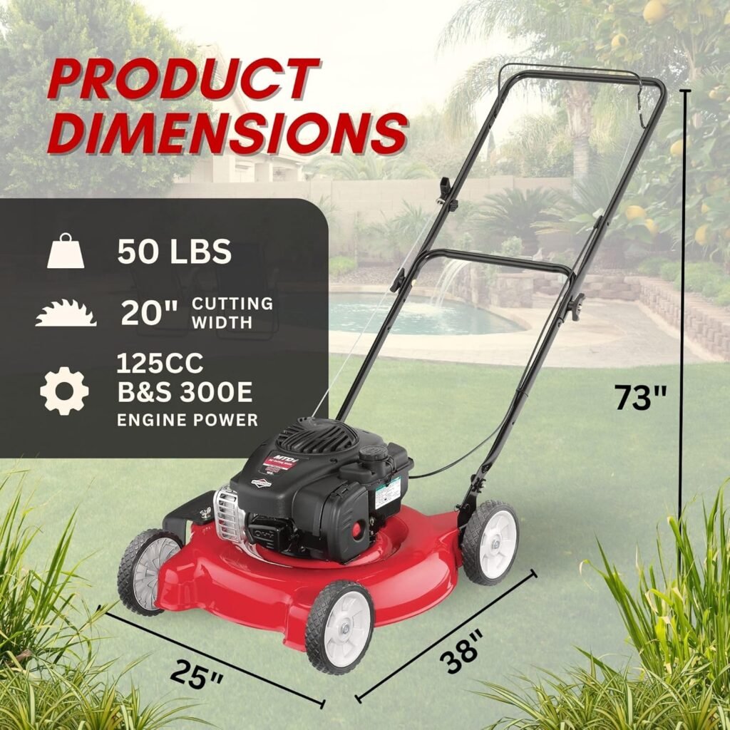 Yard Machines Gas Powered Push Lawn Mower with Engine Oil, 20 Inch Steel Cutting Deck, and Side Discharge for Outdoor Yards, Red/Black