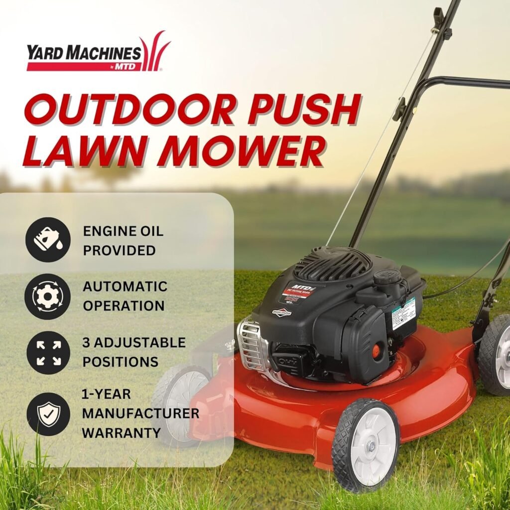 Yard Machines Gas Powered Push Lawn Mower with Engine Oil, 20 Inch Steel Cutting Deck, and Side Discharge for Outdoor Yards, Red/Black