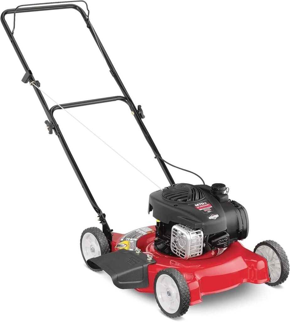 Yard Machines Gas Powered Push Lawn Mower with Engine Oil, 20 Inch Steel Cutting Deck, and Side Discharge for Outdoor Yards, Red/Black