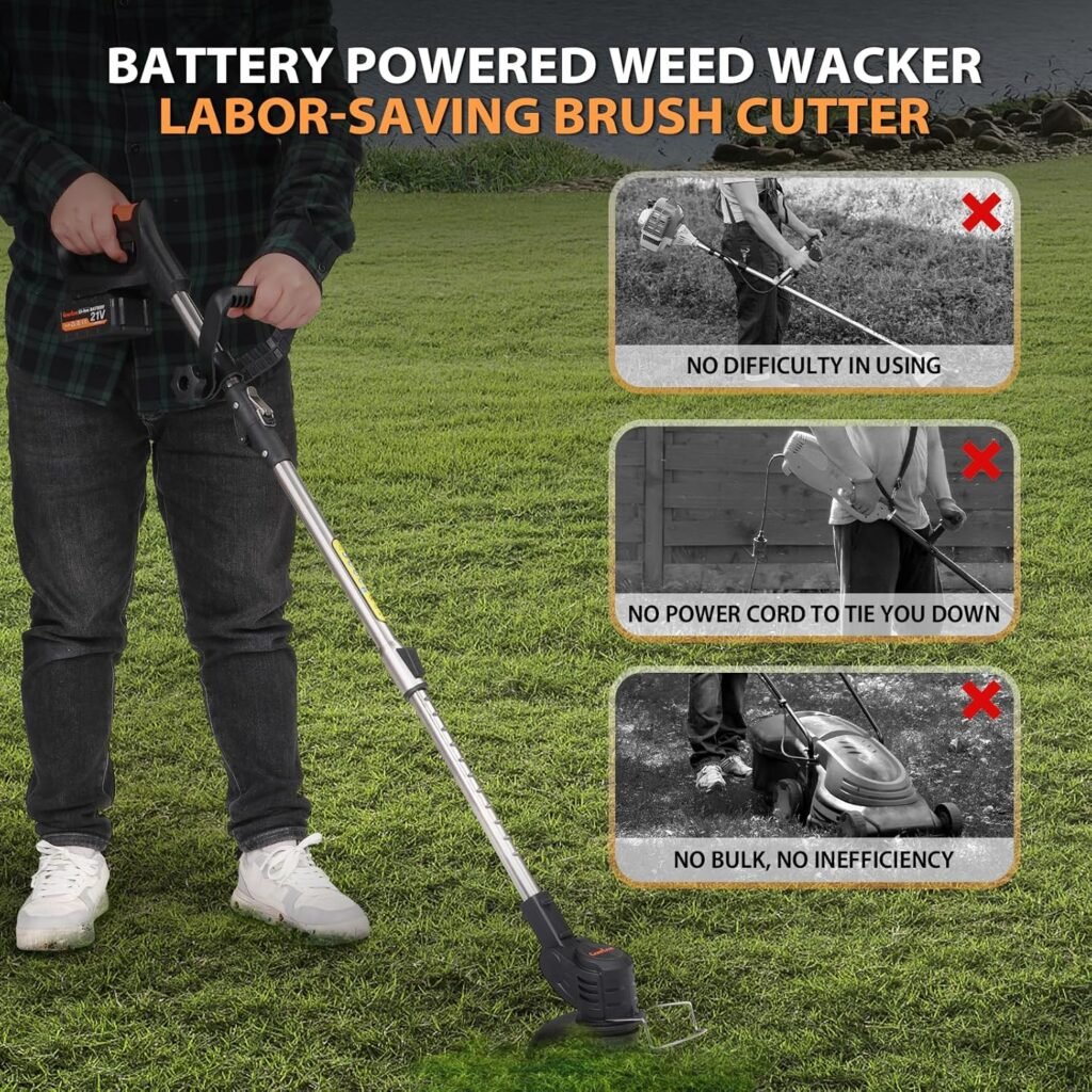 21V Electric Weed Eater, Cordless Brush Cutter Trimmer with Adjustable Pole  2x3.0Ah Battery-Powered Weed Wacker, Lightweight  Low Noise, Foldable 3-in-1 Weed Wacker for Outdoor, Garden and Yard Use