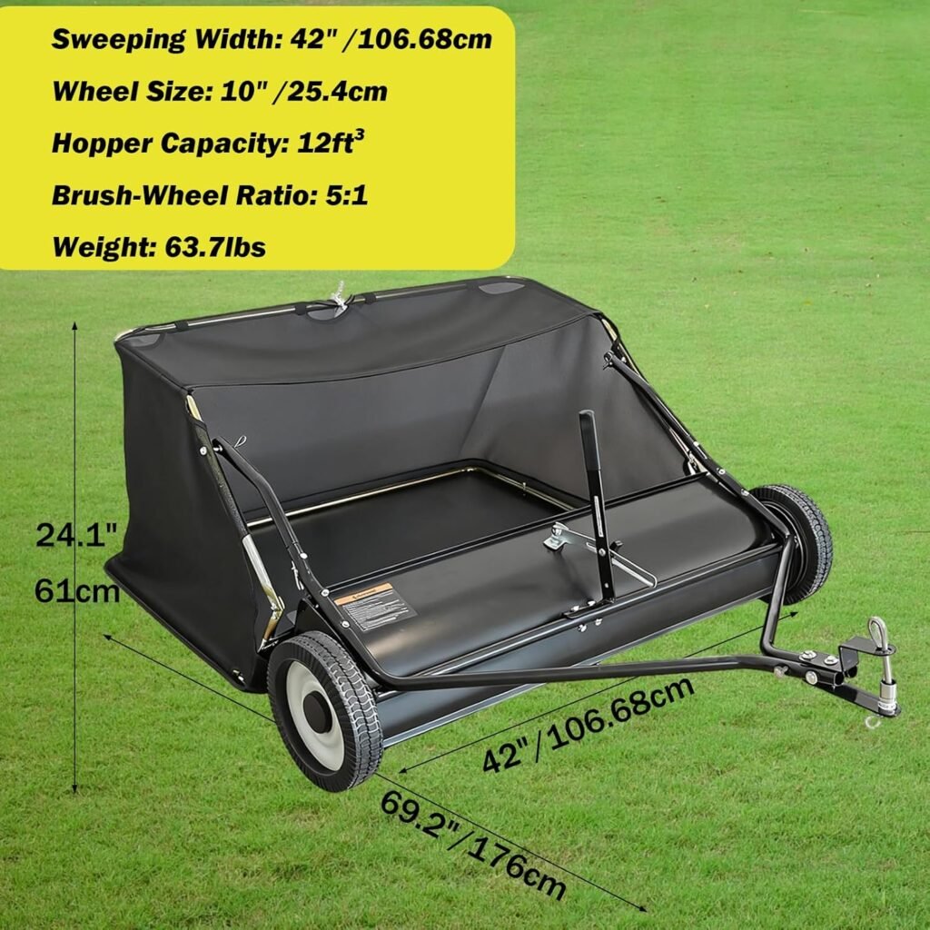 42-inch Tow-Behind Lawn Sweeper, 12 cu. in. Hopper Bag Capacity; Leaf  Grass Catcher with Adjustable Brush Height and Easy-to-Use Dumping Rope
