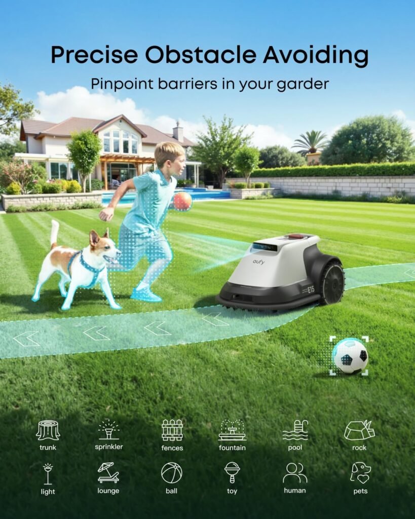 eufy E15 Robot Lawn Mower,Max 0.2 Acres,Wireless Robot Mower with Auto Mapping,Vision Navigation,Multi-Zone Management,Robotic Lawnmower with AI Obstacle Avoidance,APP Control,18°Slope,Cut Height1-3