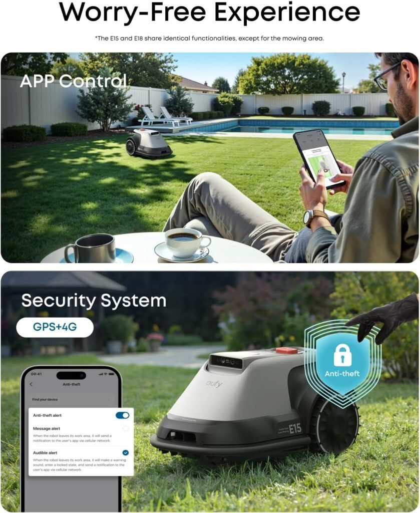 eufy E15 Robot Lawn Mower,Max 0.2 Acres,Wireless Robot Mower with Auto Mapping,Vision Navigation,Multi-Zone Management,Robotic Lawnmower with AI Obstacle Avoidance,APP Control,18°Slope,Cut Height1-3