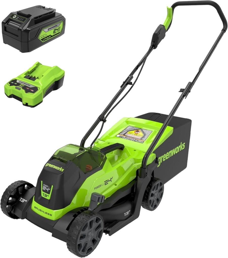 Greenworks 24V 13 Brushless (Push) Cordless Lawn Mower, 4.0Ah Battery and Charger
