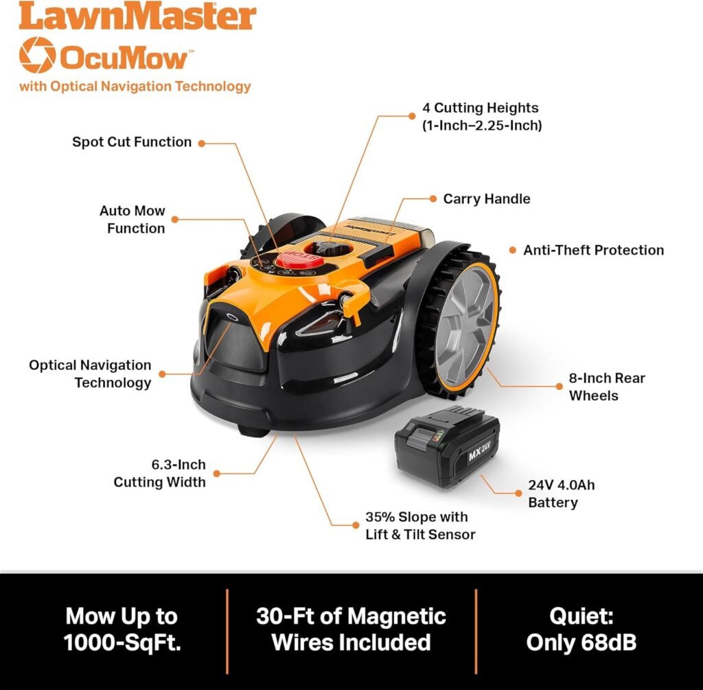 LawnMaster OcuMow™ Robot Lawn Mower with Cordless 24V MAX 10” Grass Trimmer Combo Kit Perimeter Wire Free for Small Yards 2000-4000 Square Feet Optical Navigation Automatic Obstacle Avoidance Spot Cut LawnMaster OcuMow™ Robot Lawn Mower with Cordless 24V MAX 10” Grass Trimmer Combo Kit Perimeter Wire Free for Small Yards 2000-4000 Square Feet Optical Navigation Automatic Obstacle Avoidance Spot Cut