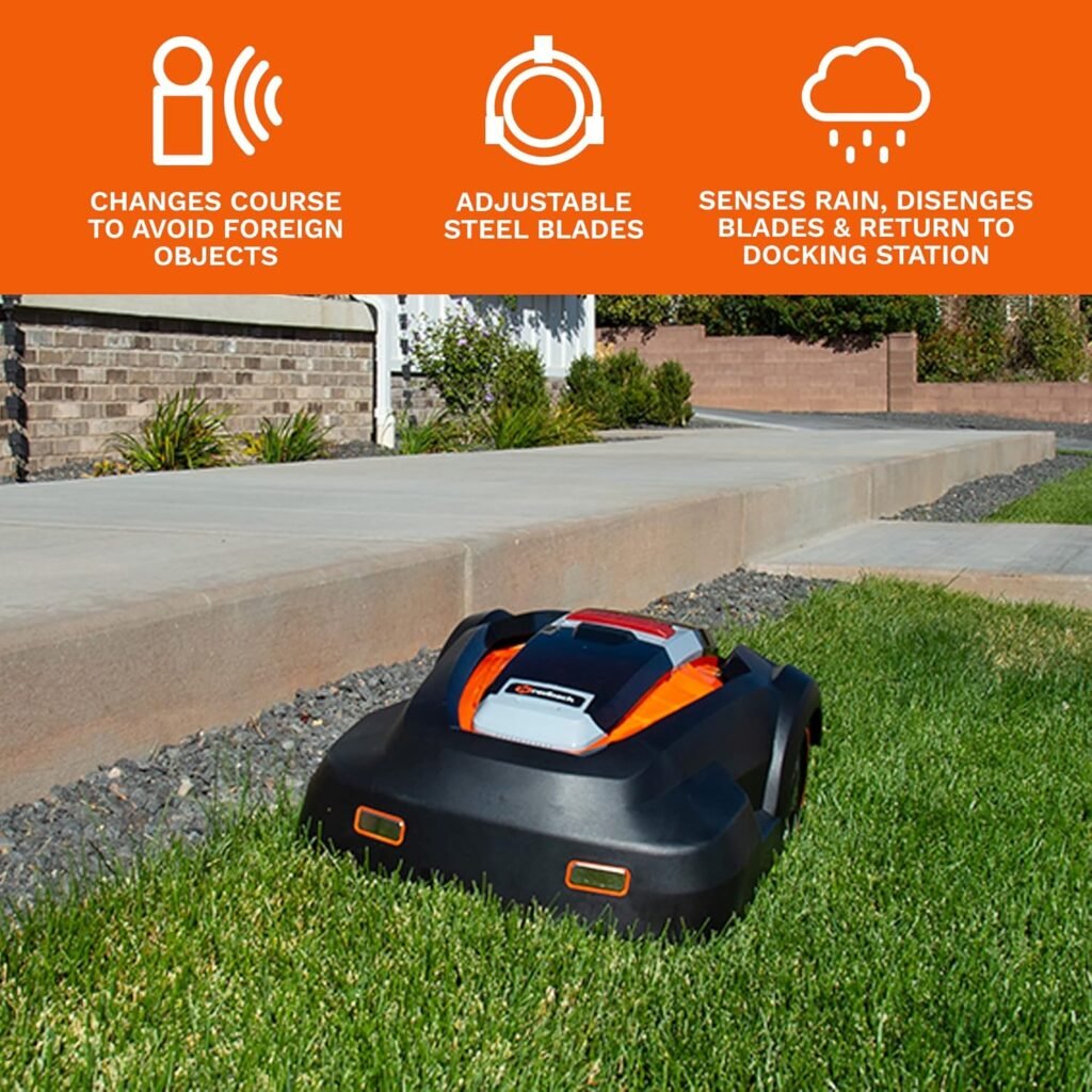 Robot Lawn Mower, Mows Up to 1/4 Acre, Updated 2025 Programming, Adjustable Cutting Height, Self Installation Kit Included, 50% Slope, Low Noise (65dBA) and Rain Sensor Robot Lawn Mower, Mows Up to 1/4 Acre, Updated 2025 Programming, Adjustable Cutting Height, Self Installation Kit Included, 50% Slope, Low Noise (65dBA) and Rain Sensor