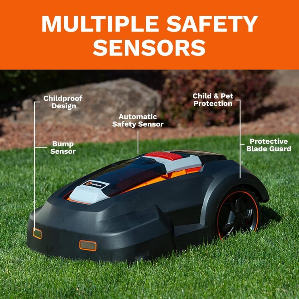 Robot Lawn Mower, Mows Up to 1/4 Acre, Updated 2025 Programming, Adjustable Cutting Height, Self Installation Kit Included, 50% Slope, Low Noise (65dBA) and Rain Sensor Robot Lawn Mower, Mows Up to 1/4 Acre, Updated 2025 Programming, Adjustable Cutting Height, Self Installation Kit Included, 50% Slope, Low Noise (65dBA) and Rain Sensor
