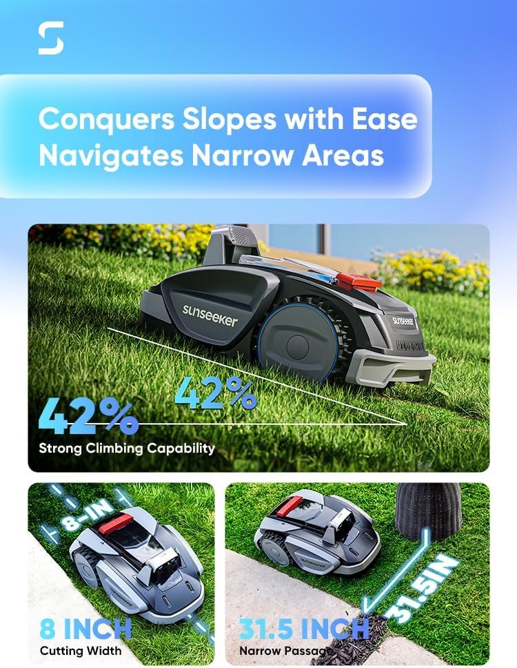 Sunseeker V3 Wireless Robot Lawn Mower 0.15 Acre/ 6,400 Sq. Ft, One-Click Mowing Automatic Lawn Mower, Vision AI Smart Obstacle Avoidance, 42% Slopes, Low Noise, Multi-Zone Navigation, App Control