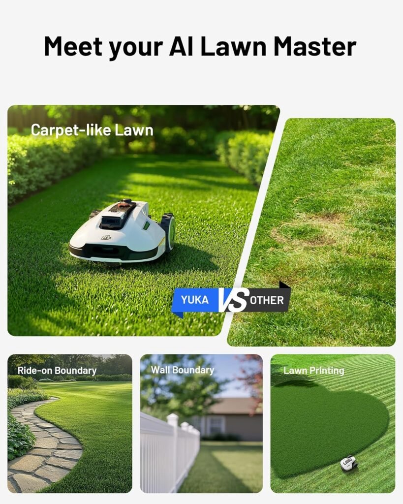 YUKA 3000 Robot Lawn Mower with 4G, Reception 0.75 Acre, Max. 1 Acre,Ultrasense AI Vision  RTK, Auto Mapping,App Control, 45% Slope, Wireless Perimeter, 2 Cutting Discs,30 Mowing Zones