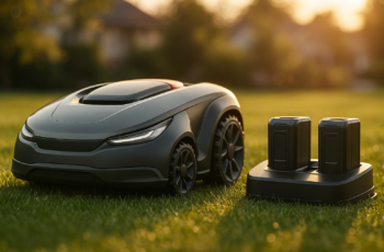LawnMaster OcuMow™ Perimeter Wire Free Robot Lawn Mower+ LawnMaster MX24V Dual-Battery Charger – 24LFC15-ETL