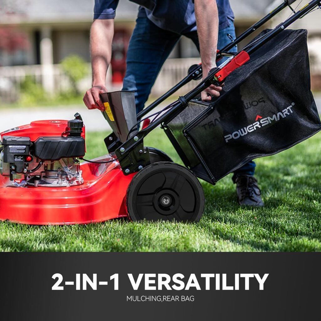 PowerSmart Self Propelled Gas Lawn Mower, in. 170cc OHV Engine 2-in-1 Rear Wheel Drive, High Wheels, 6-Position Height Adjustment