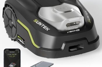 SUNTEK RTK Robot Lawn Mower with Garage, Perimeter Wire Free RTK+Vision Robotic Lawnmower for 1/3 Acres Lawn, Auto Mapping, APP Control, Multi-Zone Management, 35% Slope, Cutting Height 1.2”~2.4”