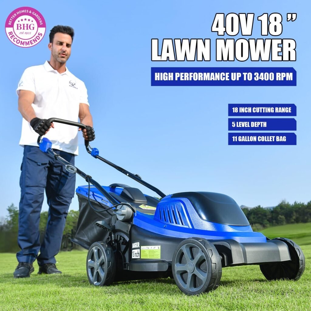 Wild Badger Power 40V 18″ Cordless Lawn Mower Brushless , 5,445 sq ft/0.125 ac, 1×4.0Ah Battery  Fast Charger, 5-Position Height ,for Small-to-Medium Lawns