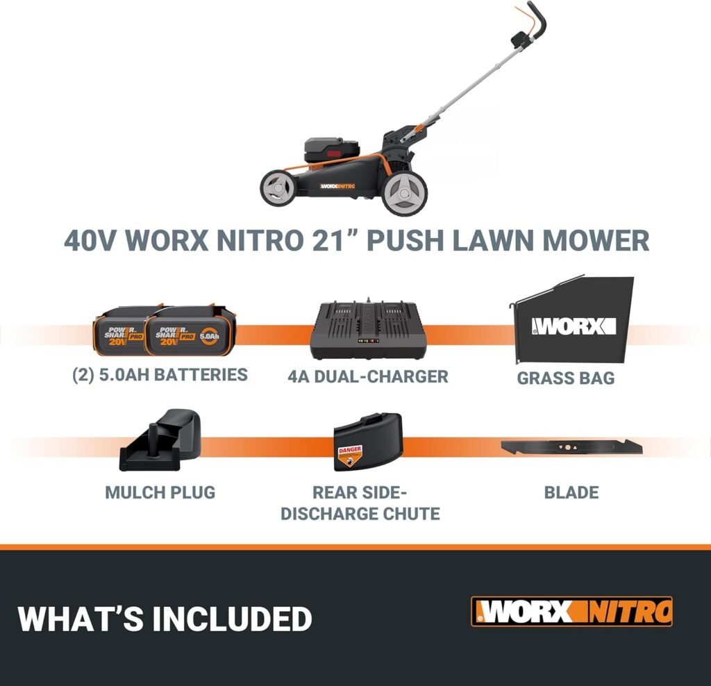 WORX Nitro Cordless Lawn Mower, Brushless Electric Mower for/2 Acre, Push Lawn Mower with 7-Position Height Adjustment, × 5.0 Ah Batteries  Charger Included, WG752