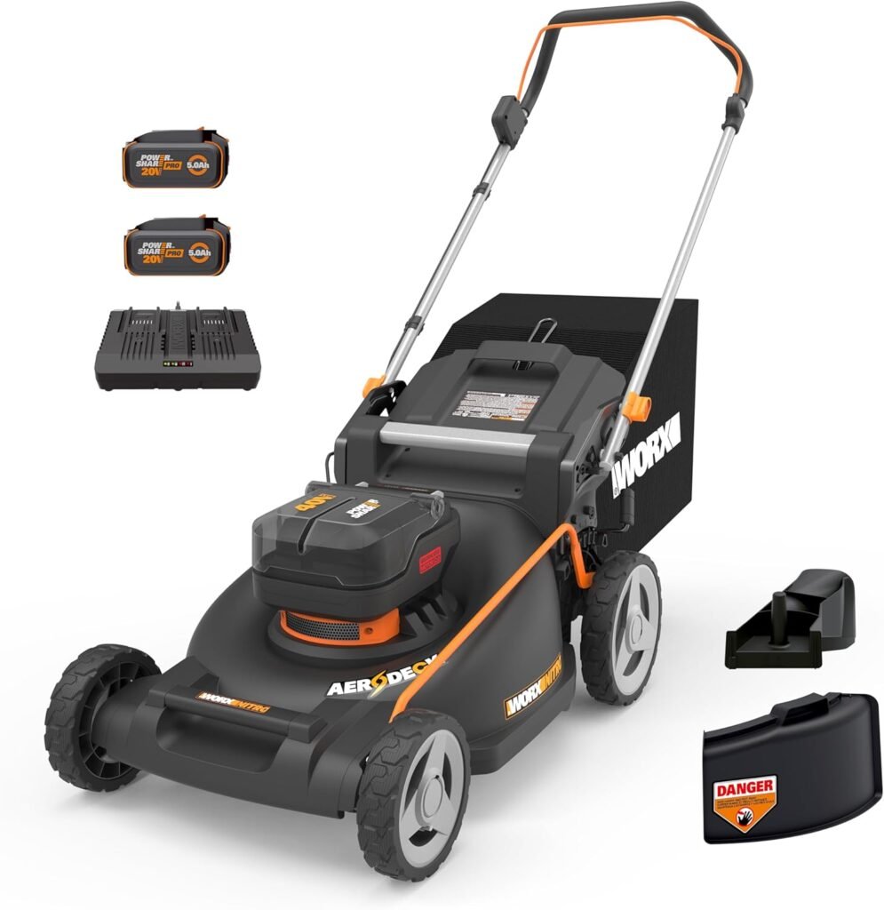WORX Nitro Cordless Lawn Mower, Brushless Electric Mower for/2 Acre, Push Lawn Mower with 7-Position Height Adjustment, × 5.0 Ah Batteries  Charger Included, WG752