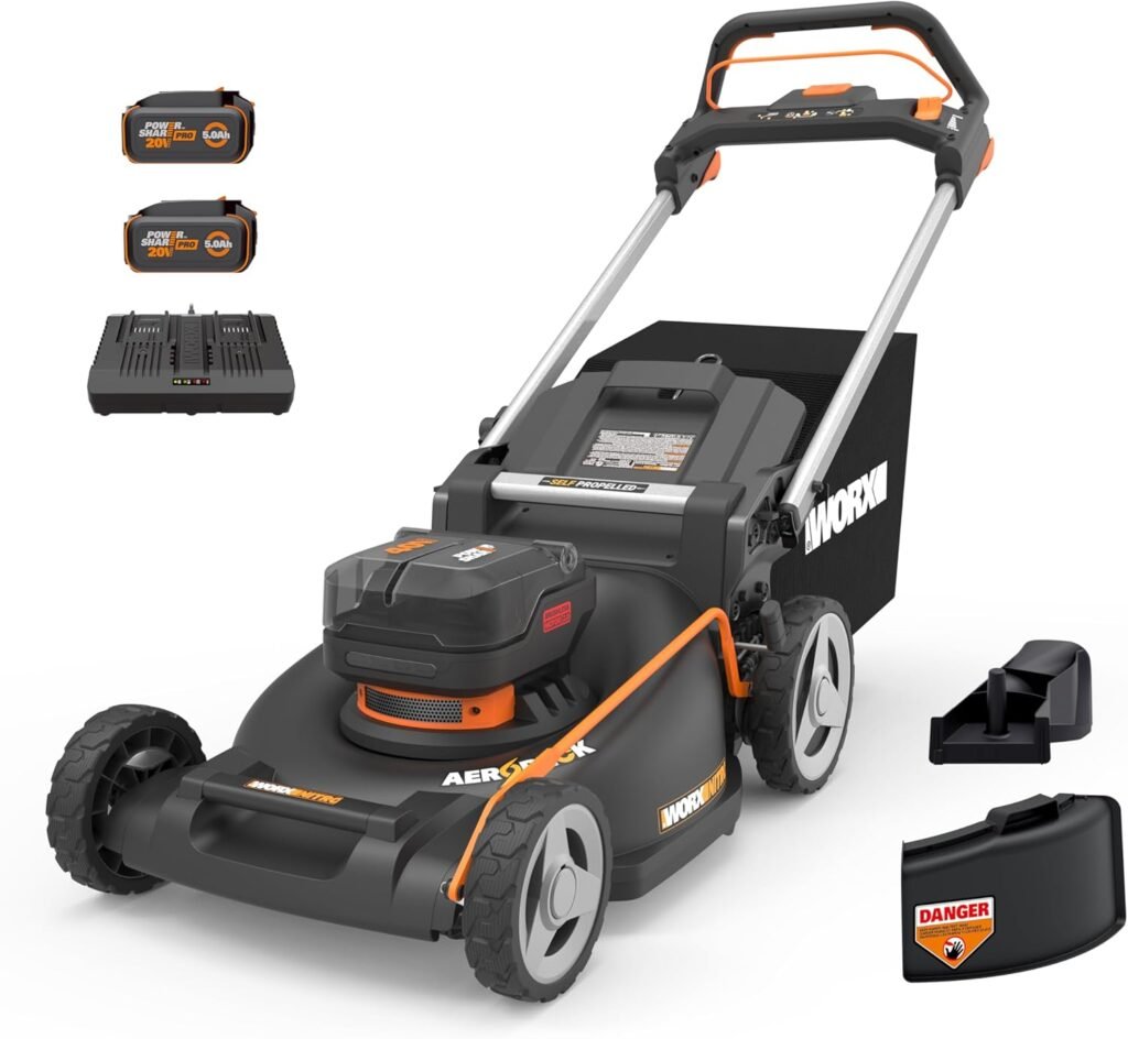 WORX Nitro Cordless Lawn Mower, Electric Mower with Variable Speed, Self-propelled Lawn Mower with Aerodeck  Intellicut, × 5.0 Ah Batteries  Charger Included, WG760