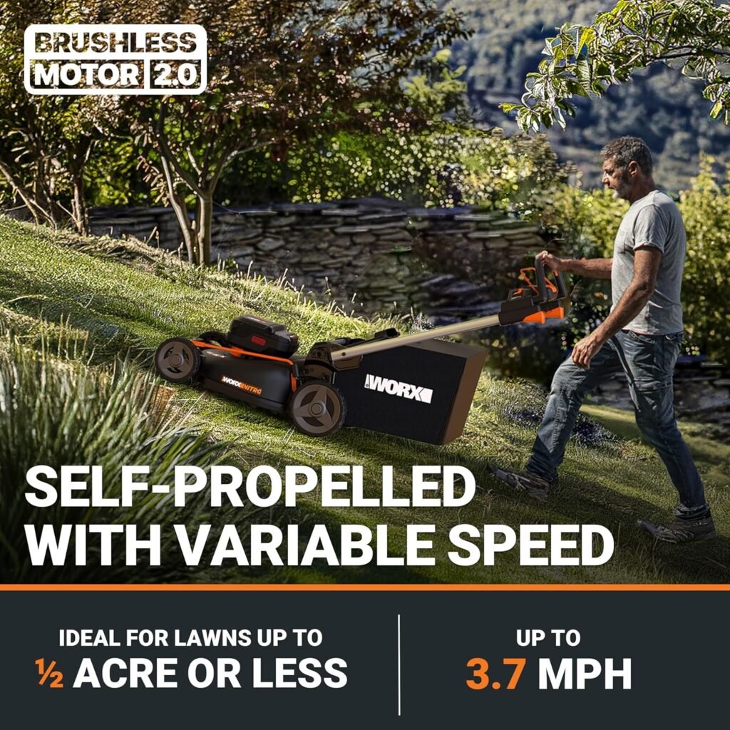 WORX Nitro Cordless Lawn Mower, Electric Mower with Variable Speed, Self-propelled Lawn Mower with Aerodeck  Intellicut, × 5.0 Ah Batteries  Charger Included, WG760