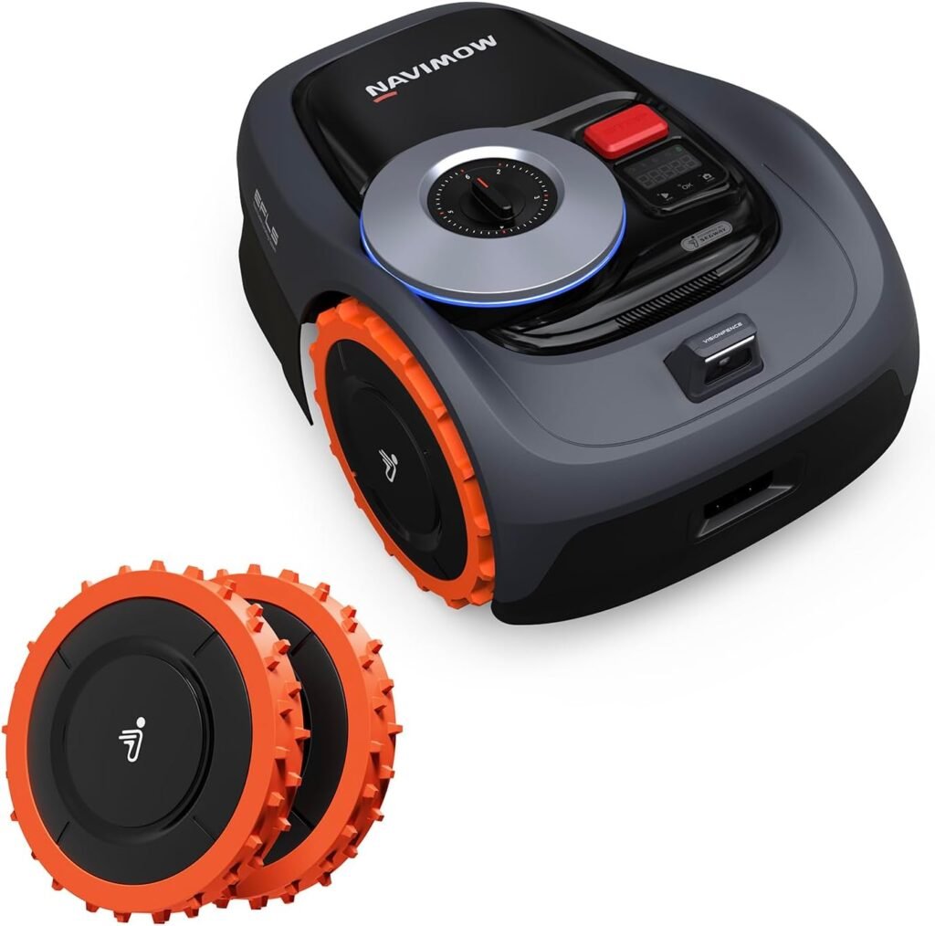 Navimow i110N + Rough Terrain Kit, Robust Wheels for Muddy Terrain and up to 35% Incline. Navimow i110N + Rough Terrain Kit, Robust Wheels for Muddy Terrain and up to 35% Incline.