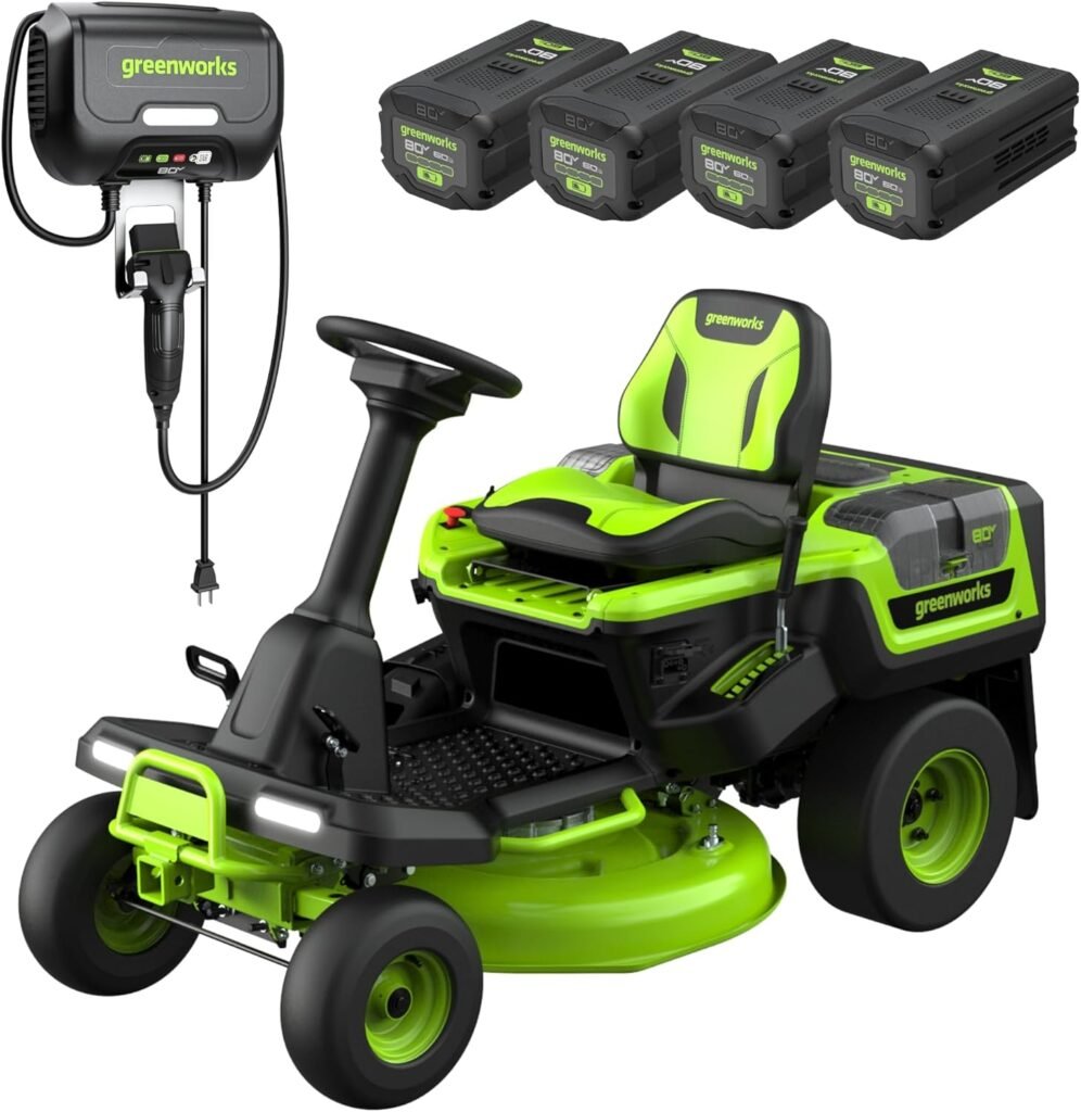 Greenworks 80V Cordless Riding Lawn Tractor, (4) 6.0Ah Batteries and 600W Charger