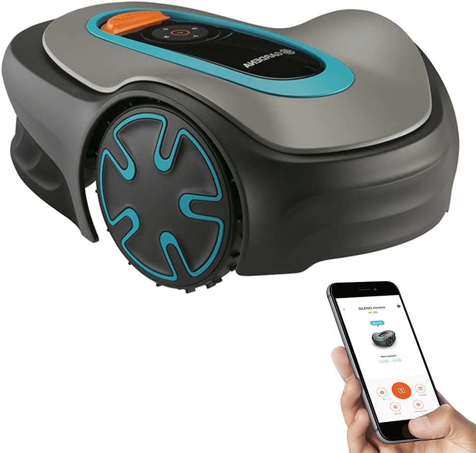GARDENA 15202-41 SILENO Minimo - Automatic Robotic Lawn Mower, with Bluetooth app and Boundary Wire, one of The quietest in its Class, for lawns up to Sq Ft, Made in Europe, Grey
