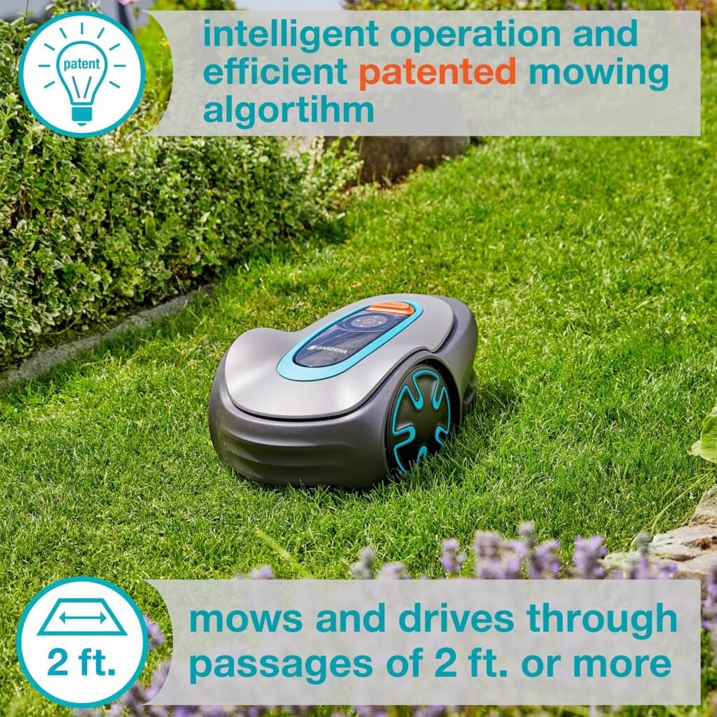 GARDENA 15202-41 SILENO Minimo - Automatic Robotic Lawn Mower, with Bluetooth app and Boundary Wire, one of The quietest in its Class, for lawns up to Sq Ft, Made in Europe, Grey
